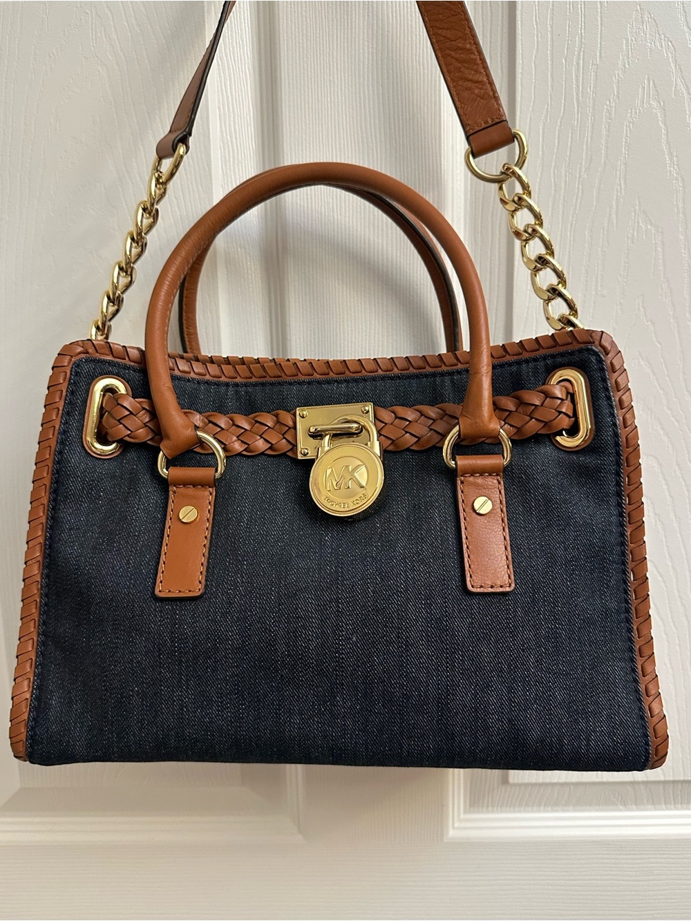 Michael Kors Dark Denim and Brown Leather Satchel with Gold Hardware